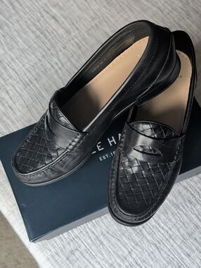 Cole Haan Black Woven Leather Penny Loafers 7